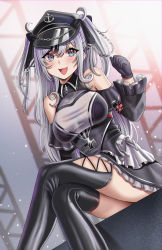 Rule 34 | 1girl, absurdres, arm behind back, arm up, azur lane, bad id, bad pixiv id, black dress, black gloves, black hat, black thighhighs, blue eyes, blush, breasts, buko (bukosuki), chain, crossed legs, dress, elbe (azur lane), feet out of frame, gloves, grey hair, hair ribbon, hat, highres, long hair, looking at viewer, medium breasts, military hat, multicolored eyes, open mouth, ribbon, sitting, smile, solo, thighhighs, twintails