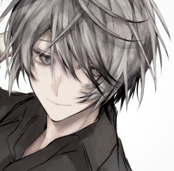Rule 34 | 00 gx4, 1boy, black shirt, chinese commentary, collared shirt, facing viewer, grey eyes, grey hair, highres, light smile, looking to the side, male focus, original, shirt, short hair, simple background, solo, translated, white background