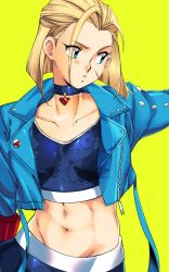 Rule 34 | 1990s (style), 1girl, abs, black pants, blonde hair, blue eyes, blue jacket, blue sports bra, bob cut, breasts, cammy white, capcom, choker, collarbone, commentary, cropped jacket, english commentary, facial scar, gem, green background, harleequeen, highres, jacket, leather, leather jacket, looking to the side, midriff, navel, pants, retro artstyle, scar, scar on cheek, scar on face, short hair, single vambrace, small breasts, solo, sports bra, standing, street fighter, street fighter 6, vambraces, watermark, yoga pants
