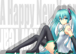Rule 34 | arm support, bad id, bad pixiv id, blue eyes, blue hair, boots, detached sleeves, garuku, hatsune miku, headset, legs, long hair, new year, sitting, skirt, smile, solo, thigh boots, thighhighs, twintails, very long hair, vocaloid