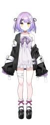 Rule 34 | 1girl, black footwear, black jacket, black ribbon, blush, closed mouth, commentary request, dress, ghost hair ornament, hair ribbon, highres, jacket, long sleeves, looking at viewer, nishizawa, off shoulder, official art, open clothes, open jacket, platform footwear, purple hair, ribbon, shinomiya runa, shoes, short hair, simple background, sleeves past fingers, sleeves past wrists, solo, standing, virtual youtuber, vspo!, white background, white dress, white legwear, yellow eyes