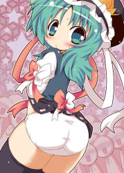 Rule 34 | 1girl, :d, ass, black thighhighs, blush, bow, faceless, female focus, green eyes, green hair, hat, long hair, looking at viewer, muuba, open mouth, outline, panties, shiki eiki, smile, solo focus, sweat, thighhighs, touhou, underwear, white panties