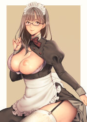 Rule 34 | 1girl, absurdres, apron, black-framed eyewear, black dress, blunt bangs, bow, bowtie, bra, breasts, brown eyes, brown hair, buttons, closed mouth, clothes lift, commentary request, dress, eyelashes, fingernails, flashing, frills, garter straps, glasses, highres, juliet sleeves, lace, lace-trimmed legwear, lace trim, large breasts, lifted by self, lips, long fingernails, long hair, long sleeves, looking at viewer, maid, maid apron, maid headdress, nail polish, nipples, nose, one breast out, ono itaru, open bra, original, pink nails, puffy sleeves, red bow, red bowtie, semi-rimless eyewear, skindentation, skirt, skirt lift, solo, thighhighs, under-rim eyewear, underwear, waist apron, white thighhighs