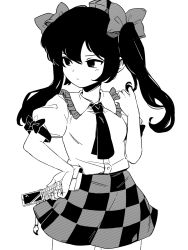Rule 34 | 1girl, black hair, bow, buttons, cellphone, checkered clothes, checkered skirt, commentary, cowboy shot, facing viewer, flip phone, frilled shirt collar, frills, greyscale, hair bow, hand on own hip, hand up, hat, highres, himekaidou hatate, holding, holding phone, long hair, looking to the side, maguro (mawaru sushi), monochrome, necktie, phone, puffy short sleeves, puffy sleeves, shirt, short sleeves, simple background, skirt, sleeve bow, solo, tokin hat, touhou, twintails