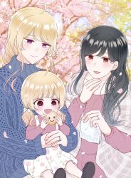 Rule 34 | 3girls, aged up, black hair, blonde hair, blush, carrying, child, child carry, couple, family, haruharucyon, highres, if they mated, ips cells, jewelry, long hair, mother and child, mother and daughter, multiple girls, nobara himezaki, open mouth, ouji-sama nante iranai, red eyes, ring, smile, wedding ring, wife and wife, yukino suzushiro