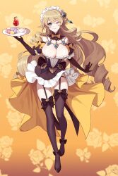 Rule 34 | 1girl, alternate costume, bare shoulders, black gloves, blonde hair, blue eyes, breasts, cleavage, detached sleeves, dress, drill hair, drill sidelocks, enmaided, floral background, flower, food, frills, garter straps, genshin impact, gloves, highres, holding, holding tray, jewelry, kyundoo, large breasts, long hair, looking at viewer, maid, maid headdress, navia (genshin impact), sidelocks, smile, solo, thighhighs, thighs, tray, very long hair