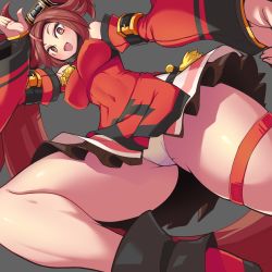 Rule 34 | 1girl, bare legs, bare shoulders, blush, breasts, brown eyes, brown hair, china dress, chinese clothes, covered navel, detached sleeves, dress, fighting stance, from below, grey background, guilty gear, guilty gear xrd, hair ornament, hairclip, high heels, highres, kara age, kuradoberi jam, large breasts, leg up, long hair, looking at viewer, looking down, open mouth, panties, simple background, skin tight, skirt, solo, thick thighs, thigh strap, thighs, underwear, upskirt, white panties, wide sleeves