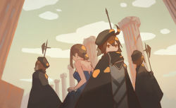 Rule 34 | 2girls, ahoge, arknights, bare shoulders, beret, black headwear, blue dress, brown eyes, brown hair, cloak, cloud, cloudy sky, column, commentary request, day, dress, expressionless, halberd, hat, highres, holding, holding polearm, holding weapon, long hair, m-noto, medium hair, multicolored hair, multiple girls, outdoors, pillar, plume (arknights), polearm, protecting, scarf, sky, two-tone hair, upper body, weapon, white hair