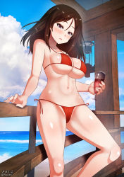 Rule 34 | 1girl, beach, bikini, black hair, blue eyes, blush, breasts, cameltoe, collarbone, covered erect nipples, cup, drinking glass, girls und panzer, highres, large breasts, long hair, looking at viewer, megadeko, navel, nonna (girls und panzer), ocean, open mouth, outdoors, red bikini, shiny skin, side-tie bikini bottom, sky, smile, solo, standing, swimsuit, wine glass