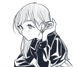 Rule 34 | 1girl, collared shirt, commentary request, dress shirt, earrings, greyscale, tucking hair, highres, jewelry, kashikaze, long sleeves, misaki nako, monochrome, real life, shirt, simple background, solo, spot color, unmoving pattern, upper body, voice actor