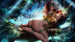 Rule 34 | 1girl, anklet, ass, barefoot, branch, brown hair, feet, green eyes, headband, jewelry, jungle, long hair, looking at viewer, marvel, multicolored hair, nature, olchas, parted lips, rogue (x-men), skindentation, soles, thigh strap, toes, torn clothes, two-tone hair, x-men