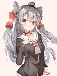 Rule 34 | 1girl, amatsukaze (kancolle), beige background, black hairband, blush, breasts, brown dress, brown eyes, commentary request, dress, hair tubes, hairband, halkawa501, highres, kantai collection, lifebuoy, lifebuoy ornament, long hair, looking at viewer, medium breasts, sailor dress, short dress, silver hair, simple background, smokestack hair ornament, solo, swim ring, two side up