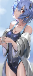 Rule 34 | 1girl, ayanami rei, black one-piece swimsuit, blue background, blue hair, breasts, cleavage, closed mouth, collarbone, cowboy shot, front zipper swimsuit, hair between eyes, headgear, highres, medium breasts, meme attire, neon genesis evangelion, one-piece swimsuit, red eyes, shiny skin, short hair, smile, solo, standing, swimsuit, yagisawa teru