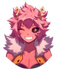 Rule 34 | 10s, 1girl, ;d, antennae, ashido mina, black sclera, blush stickers, boku no hero academia, breasts, cleavage, collarbone, colored sclera, colored skin, liyart, medium breasts, one eye closed, open mouth, pink hair, pink skin, short hair, simple background, smile, solo, teeth, upper body, vest, white background, yellow eyes