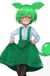 Rule 34 | 1girl, absurdres, black pantyhose, blush, buttons, collared shirt, commentary request, cowboy shot, crossed legs, curtsey, flat chest, green skirt, hair between eyes, highres, long hair, long sleeves, looking at viewer, medium bangs, naonaonina, open mouth, pantyhose, pea pod, shirt, simple background, skirt, solo, suspender skirt, suspenders, very long hair, voiceroid, voicevox, white background, white shirt, yellow eyes, zundamon