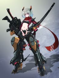 Rule 34 | 1girl, blue eyes, blush, commentary, fingerless gloves, full body, gloves, glowing, grey background, gun, hair ornament, highres, katana, looking at viewer, mecha musume, navel, oota youjo, original, parted lips, scarf, shadow, sheath, sheathed, short hair, solo, standing, steam, stomach, sword, two side up, weapon