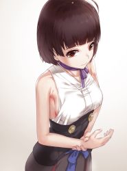 Rule 34 | 10s, 1girl, breasts, brown hair, japanese clothes, kfr, koutetsujou no kabaneri, looking at viewer, md5 mismatch, mumei (kabaneri), red eyes, ribbon, short hair, sideboob, simple background, small breasts, smile, solo, white background