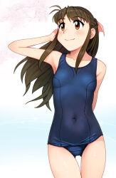 Rule 34 | 1girl, blue one-piece swimsuit, braid, breasts, brown eyes, brown hair, covered navel, cowboy shot, french braid, gluteal fold, half updo, highres, katsuragi ayane, long hair, looking at viewer, neopure, old school swimsuit, one-piece swimsuit, school swimsuit, simple background, small breasts, solo, standing, swimsuit, thigh gap, true love story, white background