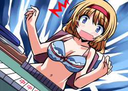 Rule 34 | 1girl, ^^^, alice margatroid, blonde hair, blue bra, blue eyes, blush, board game, bra, breasts, cleavage, d:, dutch angle, hairband, hemogurobin a1c, mahjong, navel, open mouth, short hair, sitting, solo, strip game, strip mahjong, surprised, tears, touhou, underwear, underwear only