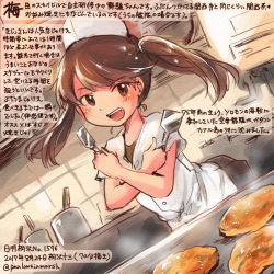 Rule 34 | 10s, 1girl, alternate costume, blouse, brown eyes, brown hair, chef, commentary request, cooking, dated, dutch angle, food, grill, hat, kantai collection, kirisawa juuzou, miniskirt, okonomiyaki, open mouth, pleated skirt, ryuujou (kancolle), shirt, skirt, smile, solo, spatula, steam, translation request, upper body, white hat, white shirt
