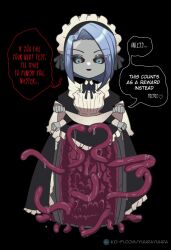 Rule 34 | 1girl, apron, black background, black ribbon, black sclera, blue eyes, blue hair, chibi, colored sclera, dialogue box, doll joints, english text, highres, iron maiden, joints, kuudere, looking at viewer, maid, maid apron, maid headdress, metal skin, monster girl, original, ribbon, self-upload, tentacles, tentacles under clothes, yuurayuura