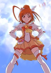 Rule 34 | 10s, 1girl, ahoge, bow, brooch, chocokin, choker, cloud, cure sunny, day, gloves, hair bun, hands on own hips, hino akane (smile precure!), jewelry, looking at viewer, magical girl, orange bow, orange hair, orange skirt, precure, red eyes, short hair, signature, single hair bun, skirt, sky, smile, smile precure!, solo, thighhighs, white gloves, white thighhighs