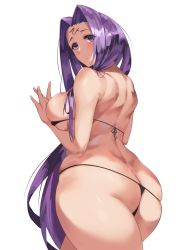 Rule 34 | 1girl, absurdres, ass, back, bare shoulders, bikini, black bikini, blush, breasts, facial mark, fate/stay night, fate (series), forehead, forehead mark, fromgod jungle, highres, large breasts, long hair, looking at viewer, looking back, medusa (fate), medusa (rider) (fate), open mouth, parted bangs, purple eyes, purple hair, sidelocks, solo, string bikini, swimsuit, thighs, thong bikini, very long hair