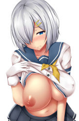 Rule 34 | 1girl, bad id, bad pixiv id, blue eyes, blush, breast slip, breasts, breasts out, closed mouth, clothes lift, collarbone, commentary request, covered erect nipples, cowboy shot, embarrassed, gloves, hair ornament, hair over one eye, hairclip, hamakaze (kancolle), highres, kantai collection, large breasts, lifted by self, looking at viewer, nipples, no bra, one breast out, school uniform, shiny skin, shirt, shirt lift, short hair, silver hair, simple background, solo, terakoya, white background, white gloves