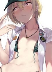 Rule 34 | 1girl, 92m, badge, bikini, black bikini, blonde hair, blush, breasts, button badge, closed mouth, collarbone, fanning face, green hat, hair between eyes, hat, highres, idolmaster, idolmaster shiny colors, jewelry, looking to the side, navel, necklace, open clothes, open shirt, purple eyes, saijo juri, shirt, short hair, short sleeves, simple background, small breasts, sweat, swimsuit, untied bikini, visor cap, white background, white shirt