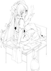 Rule 34 | 1girl, arm support, bag, bespectacled, bow, buruma, chair, desk, female focus, fire, fire, from behind, fujiwara no mokou, glasses, greyscale, hair bow, hair ribbon, crossed legs, lineart, long hair, looking back, monochrome, bento, on desk, pants, pencil case, ponytail, ribbon, school desk, shirt, sitting, on desk, solo, subachi, suspenders, t-shirt, touhou, very long hair