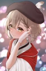 Rule 34 | 1girl, absurdres, beret, blush, braid, brown hair, earrings, fingerless gloves, french braid, gloves, hair between eyes, hat, highres, hololive, hololive english, japanese clothes, jewelry, kimono, looking at viewer, looking to the side, mintz912, nanashi mumei, nanashi mumei (new year), shawl, short hair, smile, solo, upper body, virtual youtuber, yellow eyes