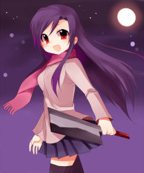 Rule 34 | 00s, 1girl, :d, black skirt, black thighhighs, cowboy shot, dagger, floating hair, full moon, holding, holding weapon, katsura kotonoha, knife, long sleeves, moon, night, night sky, open mouth, outdoors, pleated skirt, purple hair, red eyes, red scarf, scarf, school days, skirt, sky, smile, solo, standing, subaru (yachika), thighhighs, weapon, wind