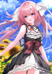 1girl absurdres ahoge bare_arms black_choker black_dress black_ribbon blue_sky bow choker cloud cowboy_shot dot_nose dress faster_crisis flower frilled_dress frills full_moon hair_between_eyes hair_bow highres himawari_no_kyoukai_to_nagai_natsuyasumi layered_dress long_hair looking_at_viewer moon natsusaki_yomi night night_sky open_mouth outdoors pink_hair purple_eyes red_bow ribbon ribbon_choker sky sleeveless sleeveless_dress smile solo standing sunflower two-tone_dress very_long_hair white_bow