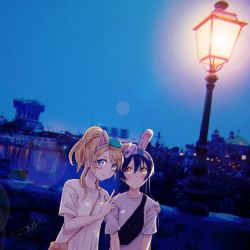 Rule 34 | 2girls, animal ears, ayase eli, blonde hair, blue eyes, blue hair, blush, commentary request, hair between eyes, hand on another&#039;s shoulder, long hair, looking at viewer, love live!, love live! school idol project, multiple girls, night, outdoors, ponytail, rabbit ears, short sleeves, smile, sonoda umi, suito, yellow eyes, yuri