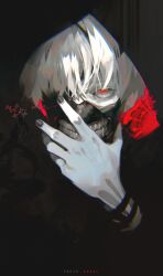 Rule 34 | 1boy, absurdres, black background, black mask, black nails, black theme, commentary, copyright name, covering own mouth, eyepatch, hand over own mouth, highres, kaneki ken, kyuuba melo, looking at viewer, male focus, mask, red eyes, short hair, simple background, solo, straight-on, tokyo ghoul, upper body, white hair