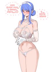 Rule 34 | 1girl, absurdres, bare shoulders, blue eyes, blue hair, blush, bra, braid, breasts, bride, cleavage, closed mouth, collarbone, commentary, cowboy shot, crystal rose sona, detached sleeves, double bun, earrings, fingers together, gloves, hair bun, hairband, highres, hudak, jewelry, large breasts, league of legends, lingerie, medium hair, navel, own hands together, panties, sidelocks, simple background, solo, sona (league of legends), translation request, underwear, white gloves, white panties