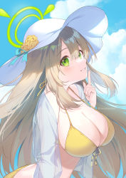 Rule 34 | 1girl, :d, absurdres, bikini, blue archive, blue sky, blush, breasts, brown hair, butt crack, cleavage, day, finger to own chin, flower, from side, front-tie bikini top, front-tie top, green eyes, halo, hat, hat flower, highres, konatsu hare, large breasts, leaning forward, long hair, long sleeves, looking at viewer, looking to the side, mole, mole on breast, nonomi (blue archive), nonomi (swimsuit) (blue archive), open mouth, outdoors, parted lips, ribbon, see-through, sky, smile, solo, sun hat, swimsuit, twitter username, very long hair, white hat, yellow bikini, yellow flower, yellow ribbon