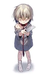 Rule 34 | 1girl, bad id, bad pixiv id, brown eyes, brown hair, bruise, collar, full body, grey shirt, hair between eyes, highres, holding, holding knife, ichiren namiro, injury, knife, leash, long sleeves, looking at viewer, no shoes, off shoulder, original, oversized clothes, oversized shirt, parted lips, red collar, shadow, shirt, socks, solo, sweat, white background, white socks, wide sleeves