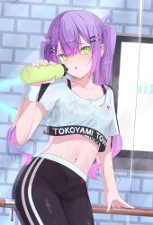 Rule 34 | 1girl, black pants, blush, bottle, breasts, character name, copyright name, crop top, crop top overhang, green eyes, hair ornament, hairpin, highres, holding, holding bottle, hololive, hololive dance practice uniform, long hair, looking at viewer, lunariskat, multicolored hair, navel, navel piercing, official alternate costume, open mouth, pants, piercing, pink hair, purple hair, small breasts, solo, streaked hair, tokoyami towa, twintails, virtual youtuber, water bottle, yoga pants