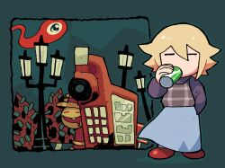 Rule 34 | 1girl, blonde hair, blue skirt, brown sweater, can, closed eyes, commentary request, creature, drink can, drinking, floating clothes, green outline, hand in pocket, hand up, highres, holding, holding can, lamppost, long skirt, long sleeves, medium hair, no mouth, outline, rariatto (ganguri), red footwear, shoes, skirt, solo, standing, sweater, tree, turtleneck, turtleneck sweater, urotsuki, vending machine, yume 2kki