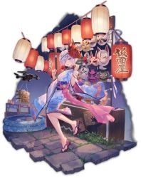 Rule 34 | 1girl, ahoge, animal print, artist request, candy apple, drone, feet, fish print, food, fox mask, game cg, grass, hair ornament, headphones, highres, holding, holding food, holding headphones, japanese clothes, kappa mask, kimono, lantern, looking at viewer, mahjong soul, market stall, mask, mask on head, obi, official art, oni mask, paper lantern, plant, price tag, purple eyes, quadcopter, ribbon, sandals, sash, solo, stone walkway, suzumiya anju, third-party source, tongue, tongue out, transparent background, twilight, unmanned aerial vehicle, wading pool, wave print, white hair, yostar