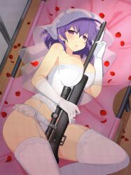 Rule 34 | 1girl, :o, ahoge, between breasts, between thighs, blush, breasts, bridal lingerie, bridal veil, bride, cleavage, commentary, corset, earrings, english commentary, flower, garter straps, gloves, gun, hair between eyes, highres, holding, holding gun, holding weapon, jewelry, kuroudo (senran kagura), lace, lace-trimmed legwear, lace-trimmed thighhighs, lace trim, large breasts, lingerie, looking at viewer, lying, official art, on side, open mouth, panties, petals, purple eyes, purple hair, rifle, rose, rose petals, scope, senran kagura, senran kagura new wave, short hair, sniper rifle, solo, stud earrings, thighhighs, underwear, veil, weapon, white corset, white flower, white garter straps, white gloves, white panties, white rose, white thighhighs, window, yaegashi nan