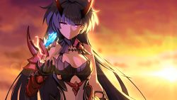 Rule 34 | 1girl, armor, bare shoulders, breasts, cleavage, closed mouth, crystal, electricity, glowing, highres, honkai (series), honkai impact 3rd, horns, japanese armor, long hair, outdoors, purple eyes, purple hair, raiden mei, raiden mei (herrscher of thunder), solo, sunset, third-party source