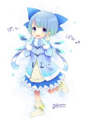 Rule 34 | 1girl, :d, aged down, alternate costume, ankle boots, beige boots, blue bow, blue coat, blue eyes, blue hair, blue mittens, blue skirt, blush, boots, bow, cirno, coat, detached wings, full body, hair bow, highres, ice, ice wings, leg up, long sleeves, looking at viewer, matching hair/eyes, mittens, musical note, open mouth, pocket, quaver, running, scarf, short hair, simple background, skirt, smile, solo, striped clothes, striped scarf, tareme, touhou, translated, uta (kuroneko), white background, wings, winter clothes