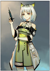 Rule 34 | 1girl, animal ear fluff, animal ears, arknights, bare shoulders, black choker, chinese commentary, choker, commentary request, cowboy shot, criss-cross halter, dress, green dress, grey background, halterneck, hand up, highres, holding, holding syringe, kal&#039;tsit (arknights), lance (lancelliu), looking at viewer, off-shoulder dress, off shoulder, short hair, short sleeves, silver hair, smile, solo, standing, syringe, watch, wristwatch, yellow eyes