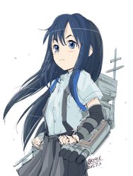 Rule 34 | 10s, 1girl, 2015, 4suke, arm warmers, asashio (kancolle), black hair, black skirt, blue eyes, blush stickers, dated, dress shirt, frown, kantai collection, long hair, machinery, pleated skirt, shirt, short sleeves, simple background, skirt, solo, suspenders, twitter username, white background