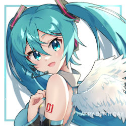 Rule 34 | 1girl, bare shoulders, green eyes, green hair, hatsune miku, looking to the side, microphone, open mouth, supo01, twintails, vocaloid, white background, wings