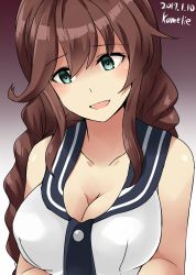 Rule 34 | 10s, 1girl, 2017, aqua eyes, artist name, bare shoulders, blush, braid, breasts, brown hair, collarbone, commentary request, dated, gradient background, highres, kamelie, kantai collection, large breasts, long hair, looking at viewer, noshiro (kancolle), one-hour drawing challenge, open mouth, shaded face, solo, tank top, twin braids