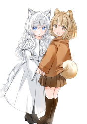 Rule 34 | 2girls, :d, :o, animal ear fluff, animal ears, black footwear, blue eyes, blush, boots, brown eyes, brown footwear, brown hair, brown jacket, brown skirt, capelet, cat ears, cat girl, cat tail, commentary, dog ears, dog girl, dog tail, dress, hair between eyes, hand grab, hood, hood down, hooded jacket, jacket, knee boots, long hair, long sleeves, looking at viewer, looking back, multicolored hair, multiple girls, open mouth, original, parted lips, pleated skirt, silver hair, simple background, skirt, sleeves past wrists, smile, standing, streaked hair, tail, very long hair, wataame27, white background, white capelet, white dress