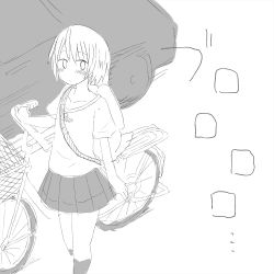Rule 34 | 1girl, akaishi shiroishi, bag, bicycle, car, highres, monochrome, motor vehicle, signal bar, skirt